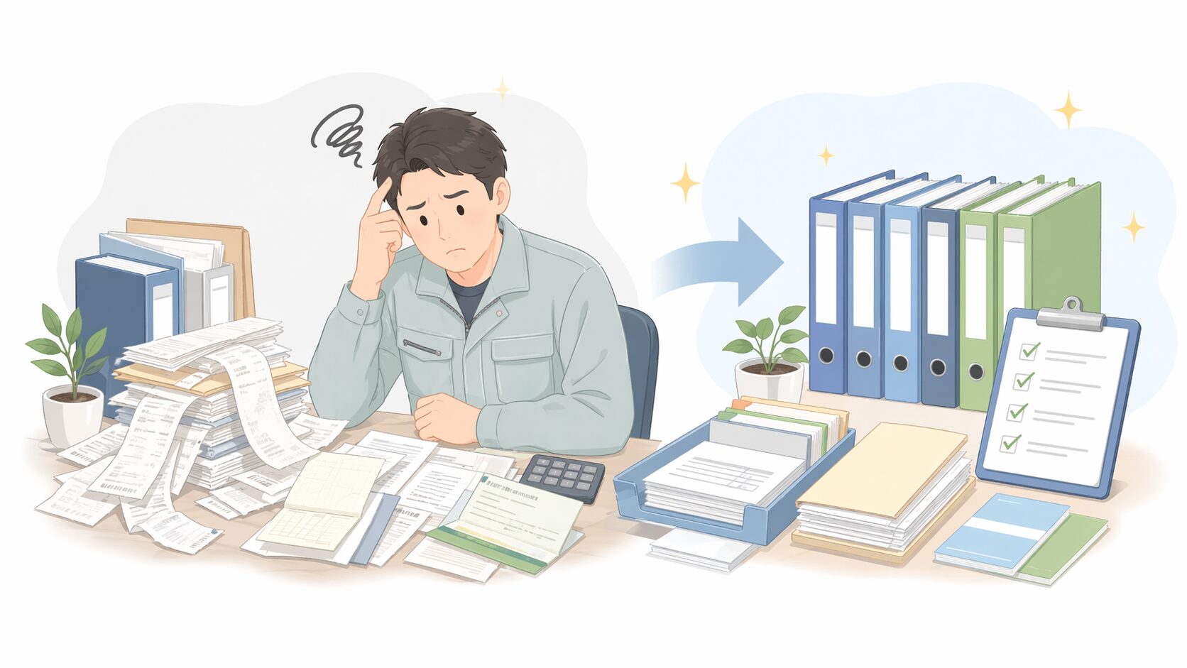 領収書や帳簿整理をイメージした写真またはイラスト