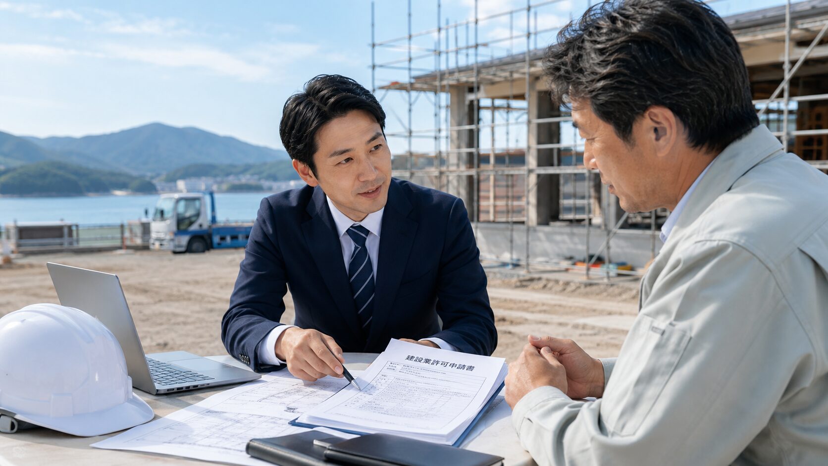 建設現場で元請と下請が打ち合わせをする様子
